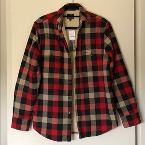 J Crew flannel + faux shearling lined shirt jacket